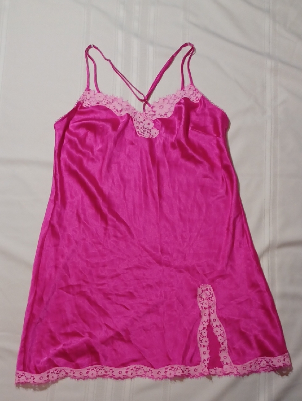 NWT Victorias Secret Hot Pink Satin Lace Trim Slip Nightdress